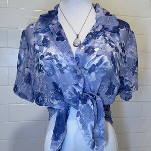 Floral Sheer Button-Up Shirt - Purple and White